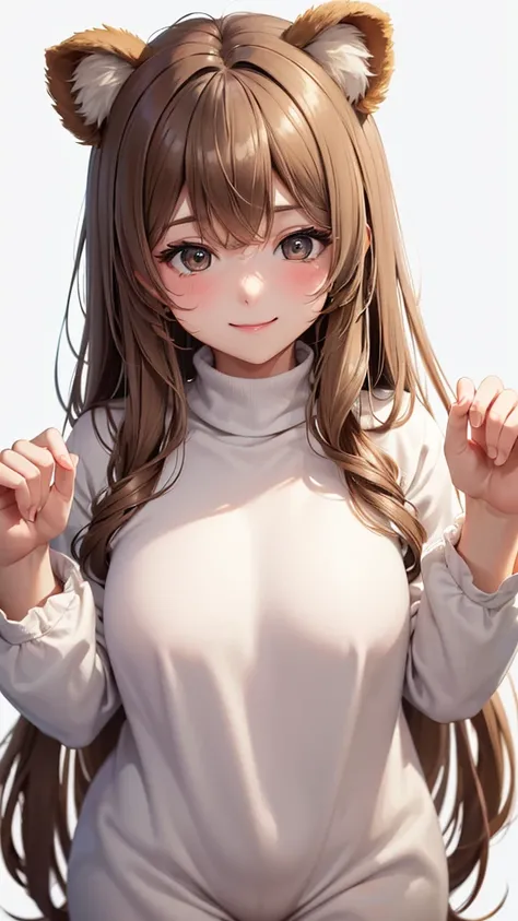 Best Quality,High resolution,8k,(plain white background, no patterns, no textures, just a plain white background:1.3),Masterpiece:1.2),beautiful girl,Big Breasts,(Shiny khaki hair:1.3),messy hair,Beautiful khaki eyes,A cute girl dressed in a cozy bear ones...