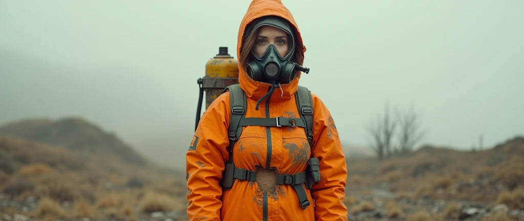 Girl in full orange hazmat suit oxygen tank gas mask medium size bobs medium size but ripped hole in crotch 