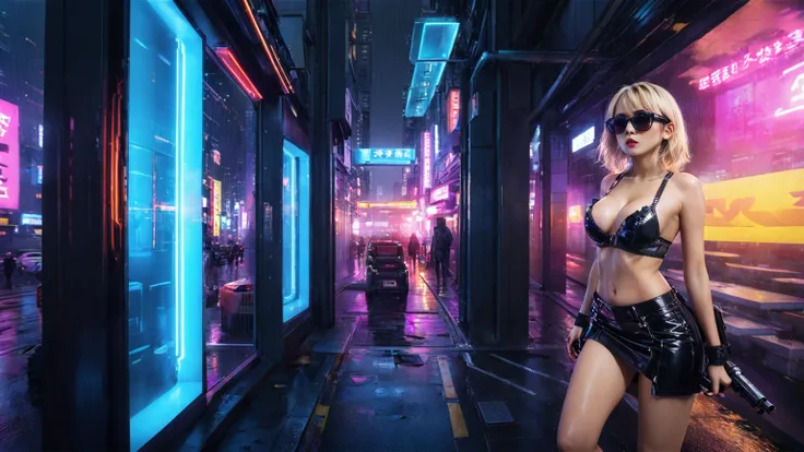 Blade Runner style futuristic Tokyo city, flying cars, neon lights, rainy night. (1girl, solo, alone), large-breast:1.2 slim body, slim face, cleavage:1.1, sexy laced lingerie, very low angle view miniskirt, jacket, (black micro sunglasses), (holding a sho...