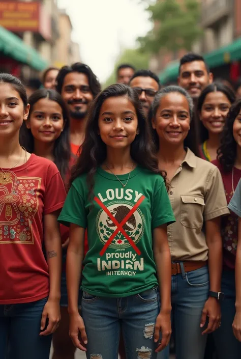 Create an image of people who represent the variability of Mexico with a t-shirt with the word "lousy" crossed out and down "Proudly Indian"