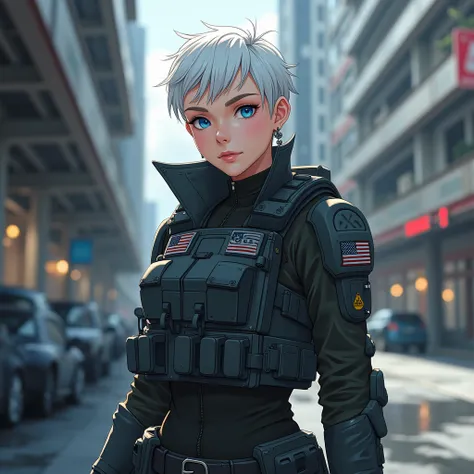 Girl, white hair, blue eyes, cool haircut, US military outfit, bulletproof vest, in heavy armor, no helmet, tactical stance, in parking lot, anime