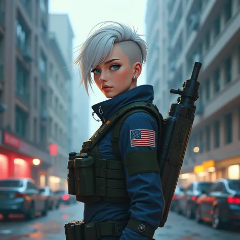 Girl, white hair, blue eyes, cool haircut, US military outfit, bulletproof vest, in heavy armor, no helmet, tactical stance, in parking lot, anime