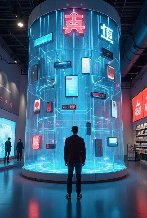 Create a man standing in front of the unique 10 numbers of Chinese different gadget ignore mobiles store shelves 