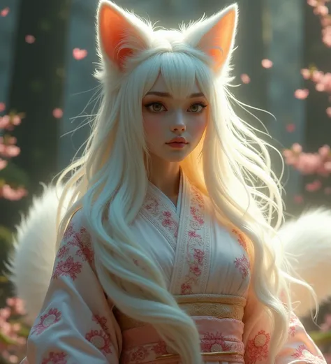 (Realistic Goddess of the Nine-Tailed Fox:1.4), (hyper-realistic details:1.5), (nine flowing, luxurious fox tails:1.5), (soft, shimmering white fur:1.4), (lifelike fox ears:1.3), (delicate, yet powerful facial features:1.4), (piercing, intelligent eyes:1.5...