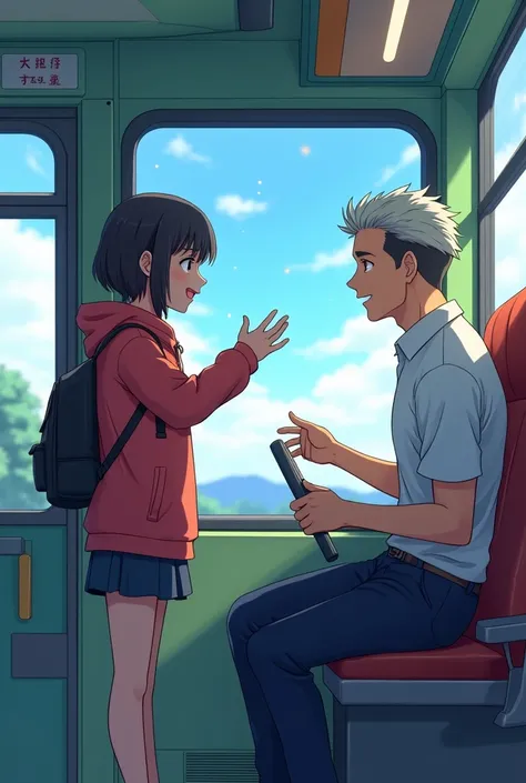 Anime style image of a passenger saying goodbye to the bus driver.