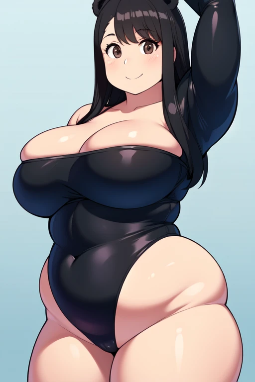 Plump year 21 big breasts black hair brown eyes chubby smile bear girl black leotard longer hair