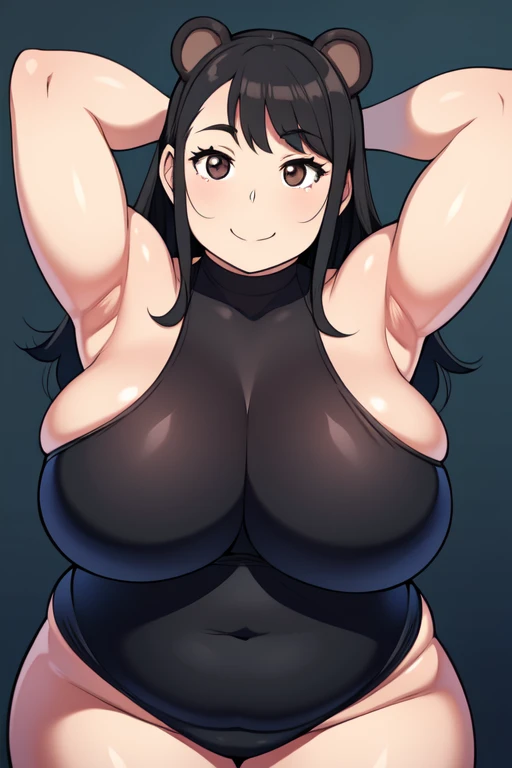 plump year 21 big breasts black hair brown eyes chubby smile bear girl black leotard longer hair