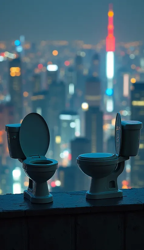 2 toilets together on top a building, other buildings lights flashing nearby, a busy city underneath, night-time 