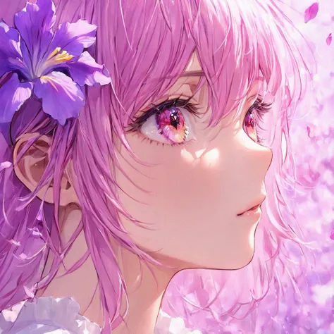 highest quality, masterpiece, surreal), Portrait of a beautiful and delicate profile girl, Playful and cute, Petals are floating in the background,Beautiful iris flowers,