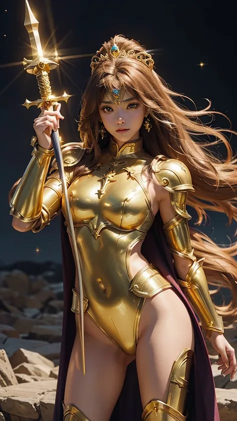 1girl, solo, saint seiya_custome, superhero, gold armor, Golden dress, beautiful princess, belly, being on the battlefield, the golden sword