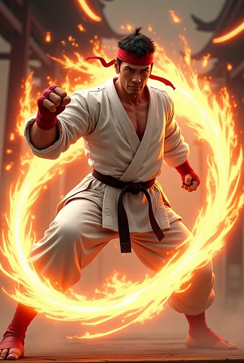 Muscular､male、Karate uniform、Japanese、Black Hair、Red gloves with exposed fingers、Red headband、40 years old、Kamehameha