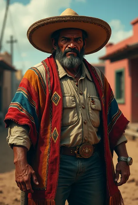 man with a bad face and a strong look, age 40, wearing Mexican clothing 