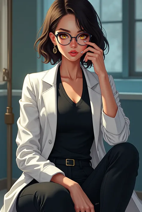 create the image of a 28 year old character with short dark brown hair to the shoulder, round prescription glasses, skin fair, yellow seductive eyes, black jersey, lab coat and tailored pants, earrings and the body reasonably "big fit ass", She is sitting ...