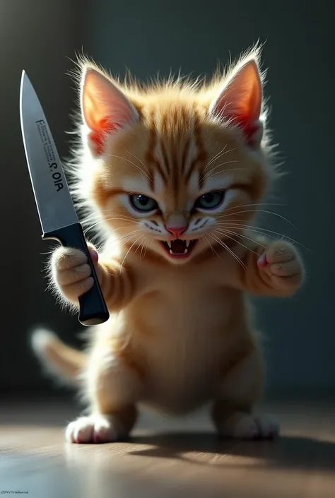 Angry kitten holding a knife in its paw