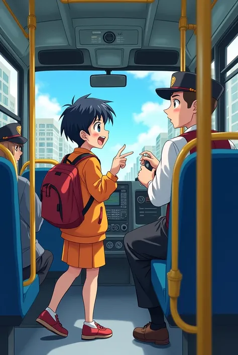 Anime style image of a passenger thanking and saying goodbye to the bus driver from the bus exit door.