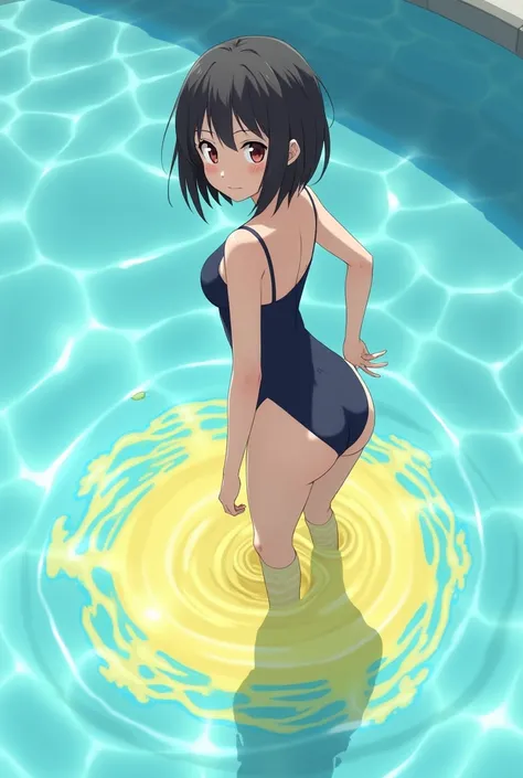 anime, girl, girl in a swimsuit, there is a urine drain hole in the bottom of the swimsuit, the girl pees, pees herself, urine pours out of the urine drain hole, urine drains into the pool, bright yellow urine dissolves in the pool