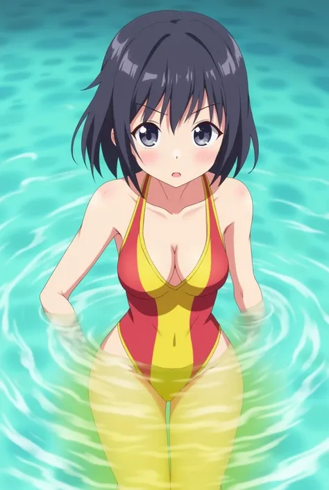 anime, girl, girl in a swimsuit, there is a urine drain hole in the bottom of the swimsuit, the girl pees, pees herself, urine pours out of the urine drain hole, urine drains into the pool, bright yellow urine dissolves in the pool