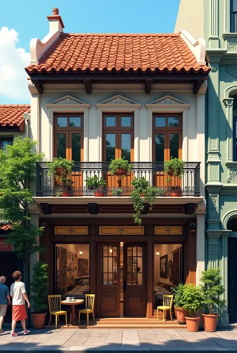 Make me a picture of a three-story shophouse with the front view and the front second floor as a coffee shop balcony. 