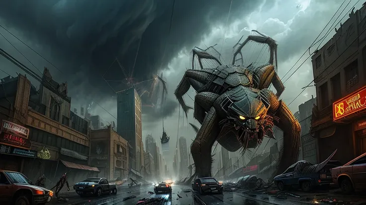 "A metropolis is invaded by colossal spiders, that completely dominate the urban environment. These creatures, with bodies the size of trucks and long, razor-sharp legs, climb skyscrapers and wrap entire buildings in thick, sticky webs. Its powerful jaws c...