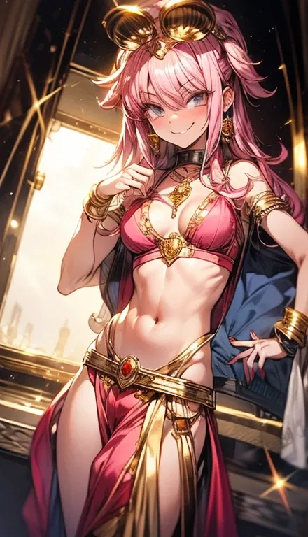 A smug narcissistic pink haired goddess wearing a golden bra and golden pants and lots of jewelry flaunting herself