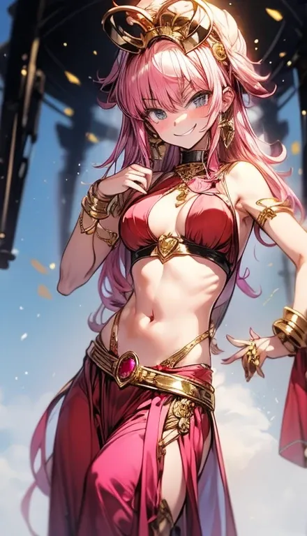 A smug narcissistic pink haired goddess wearing a golden bra and golden pants and lots of jewelry flaunting herself