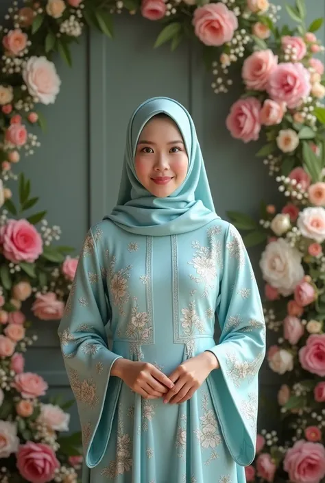 an Indonesian woman, 30 years old, big-headed wearing a kimono-like gamis dress with a light blue floral motif and a matching hijab. standing facing the camera and smiling thinly. Both hands cupped in front of the body. with a background of a room full of ...