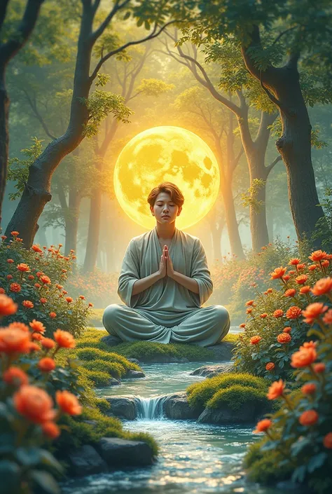 Imagine a serene, mystical garden, bathed in a soft golden glow, resembling ancient illuminated manuscripts. In the heart of this scenery, theres a figure sitting in a meditative state, encircled by vibrant blossoming flowers and gently babbling streams of...