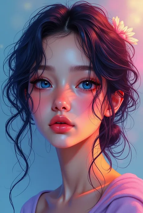 Colorful beautiful girl：28-year-old girl，dirty hair，oil painted，perfect face，soft skin, perfect face，blue-yellow colors，Added light purple and violet colors.，added light red color，complex parts，screensaver，permission 8k，chedevr, cute face, ArtStation digit...