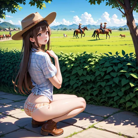 squat woman crouched on the ground, open mouth, blushed face, scared face, Woman looking to background hiding in high bushes, There is a woman with a cowboy hat and straight brown hair, Shes looking away, looking at background, short plaid shirt, light bei...