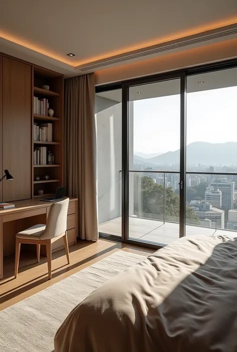 A bedroom, with a simple bed, book storage and study desk in a corner, balcony in front of bed full glass, seperated attach bathroom and in front of bathroom a luxury wardrobe and glass entry door