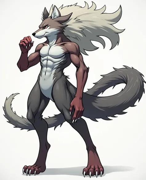 ((solo, full body perspective, side perspective)), male, anthro, ((wolf-face, digitigrade, four toes, slim body, two-tone fur, red and white furred body, arms at side, white claws)), calm expression, blue eyes,