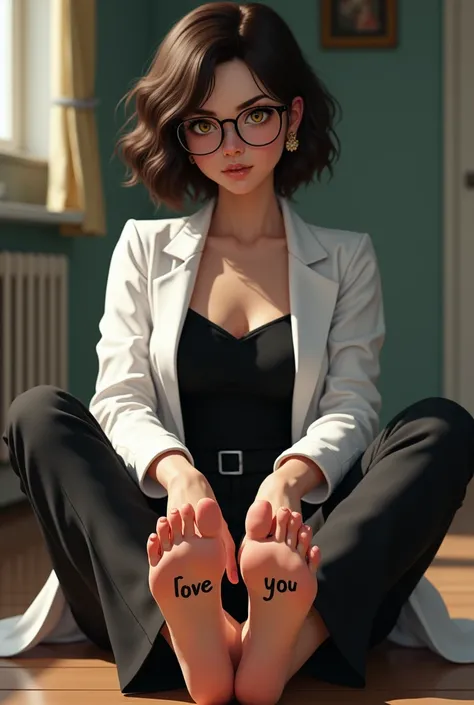 create the image of a 28 year old character with short dark brown hair to the shoulder, round prescription glasses, skin fair, yellow seductive eyes, black jersey, lab coat and tailored pants, earrings and the body reasonably "big fit ass", She is sitting ...