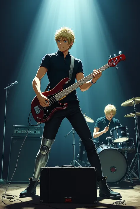 in anime style, faça o Edward Elric do fullmetal alchemist, playing bass in front of a stage, in the middle, with the metal leg on the return box and behind him a little to his right his brother Alfonse Elric, playing drums.