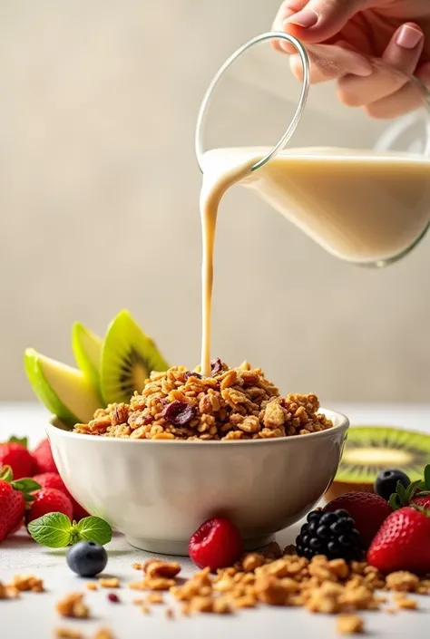 A high-resolution image of a glass of Amul Cashew Milk poured over a bowl of granola, with fresh fruits around it.