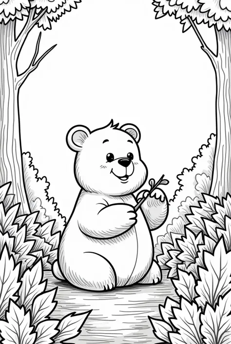 a coloring book of a kid bear doing something with leaves and branches on the huge forest, no color, white background, thick lines, strokes only, cartoon style