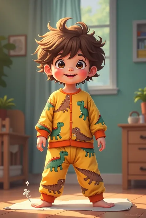 A cute young 7 year-old boy with fluffy hair, dinosaur pajamas while their pajama bottoms fell down to their ankles, showing their body to the viewer