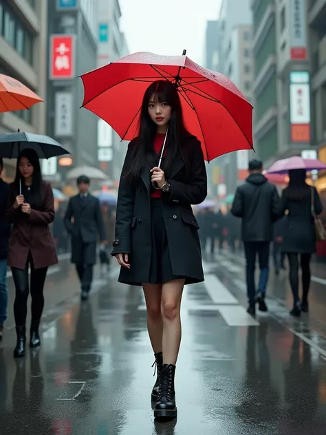 hyper realistic, a beautiful chinese woman in Tokio, just wearing Black Dr. Martens Boots and a Red umbrella. Nobody looks at the woman, everyone minds his own business. Its a Rainy Day with some puddles on the ground.