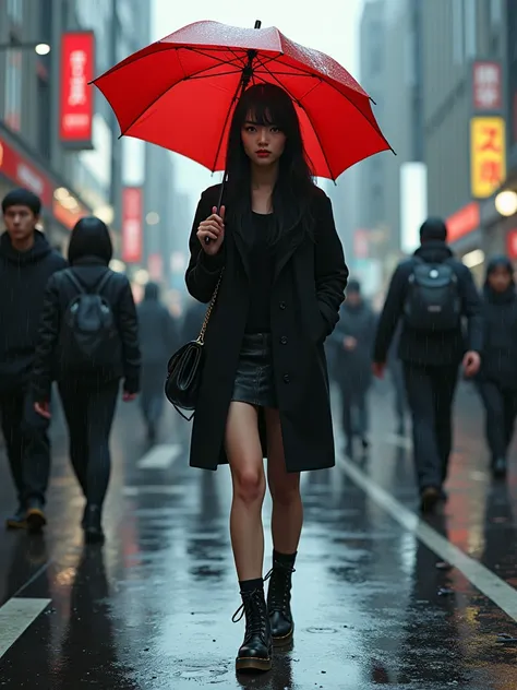 hyper realistic, a beautiful chinese woman in Tokio, just wearing Black Dr. Martens Boots and a Red umbrella. Nobody looks at the woman, everyone minds his own business. Its a Rainy Day with some puddles on the ground.