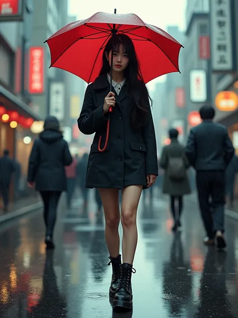 hyper realistic, a beautiful chinese woman in Tokio, just wearing Black Dr. Martens Boots and a Red umbrella. Nobody looks at the woman, everyone minds his own business. Its a Rainy Day with some puddles on the ground.