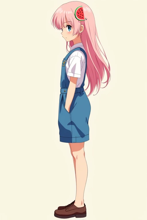 A full-body side-view portrait of a beautiful anime high school girl with light pink fluffy long hair, a watermelon decoration in her hair, blue eyes, wearing blue overalls over a white shirt, and brown shoes.