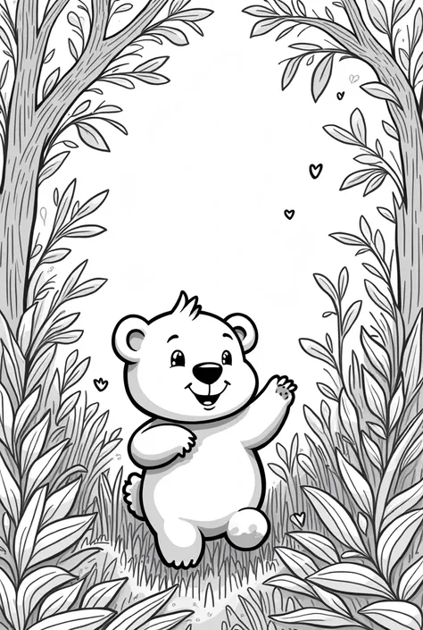 a coloring book of a kid bear doing something with a lot of leaves and branches on the huge forest, no color, white background, thick lines, strokes only, cartoon style