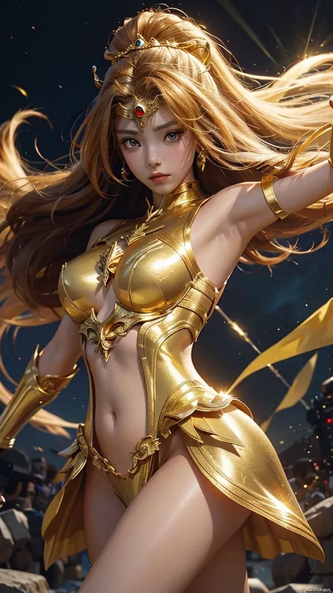 1girl, solo, saint seiya_custome, superhero, gold armor, Golden dress, beautiful princess, belly, being on the battlefield, the golden sword