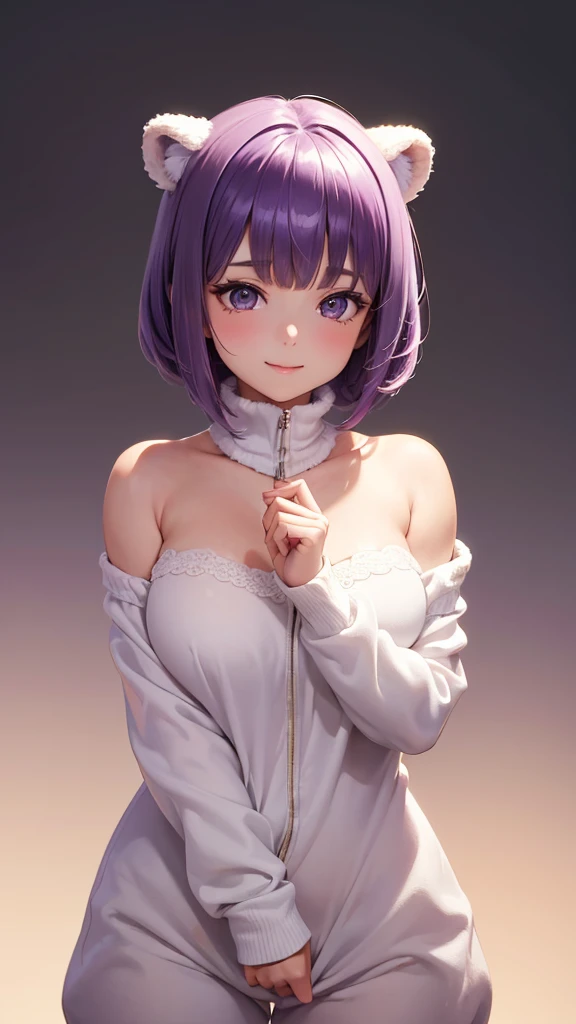 Best Quality,High resolution,8k,(plain white background, no patterns, no textures, just a plain white background:1.3),Masterpiece:1.2),beautiful girl,Big Breasts,(Shiny purple hair:1.3),(bob cut:1.2),Beautiful purple eyes,A cute girl dressed in a cozy bear...