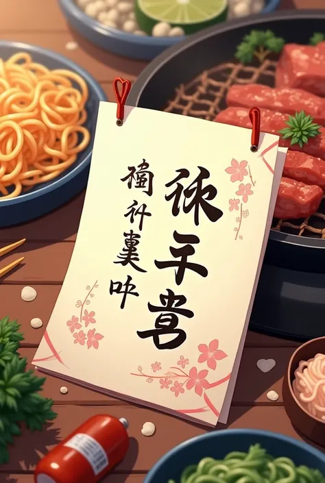 Thank you (in korean) note with korean korean noodles  and bbq in the background anime
