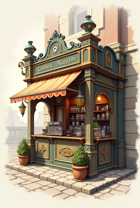 Sketch kiosk, old-fashioned coffee, beautiful, vintage style