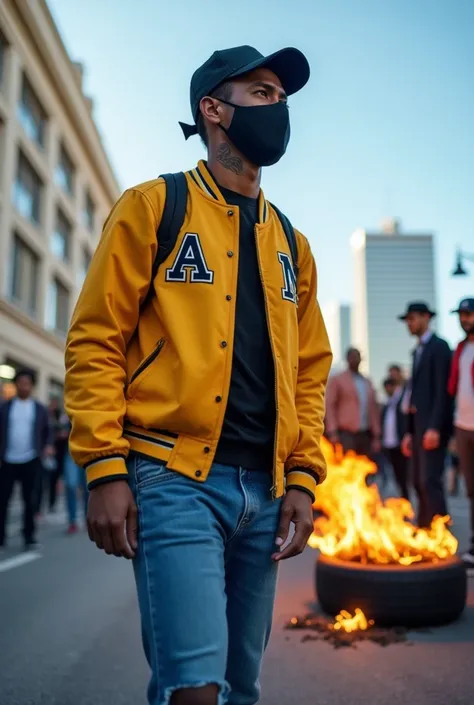 (best quality, masterpiece), Photojournalism,(Man,  blue jeans, yellow alma mater jacket,  Face mask, wearing a black hat),(people on the street, carry out a demonstration, there is a car tire on fire),(afternoon, bright sky)