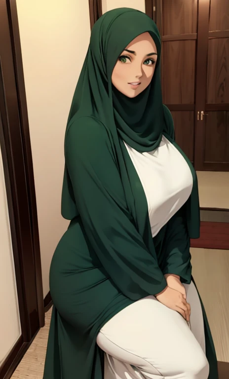 standing, solo, 1girl, mature female, hijab, green eyes, short girl, long hijab, full hijab, fat girl, fat body, beautiful face, cute face, sideboob, large breasts, thigh legs, areola slip, cleavage, leaning forward, huge breasts, curvy, fat, arms down, lo...