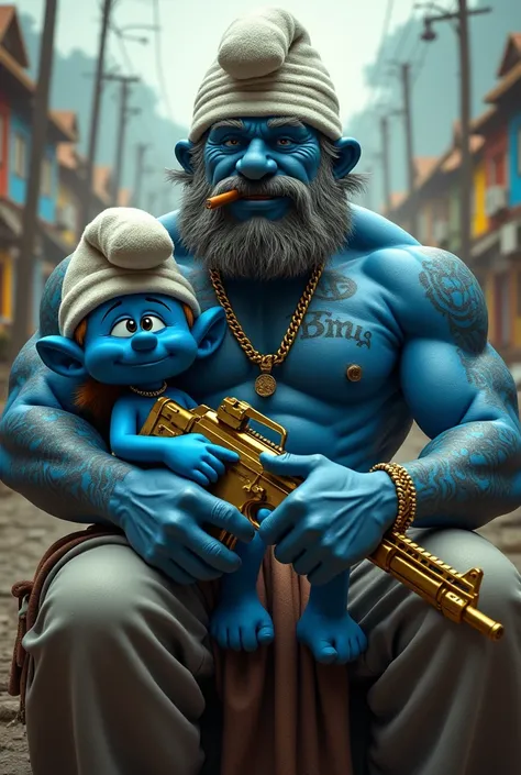 Smurfette is a very beautiful girl sitting on Papa Smurfs lap. Papa Smurf is very muscular and strong, with a cigar in his mouth and tattoos on his arms. He is seated in a chair. He has a gold necklace around his neck, and in one hand, he holds a gold-plat...