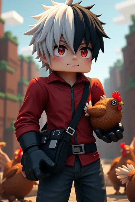 I want a manicraft character with white hair with black hair and a red shirt and black gloves and he is male with a bag on his waist and a chicken on the side and he is holding a roasted chicken from minecraft and the minecraft backgrounds. With black bore...