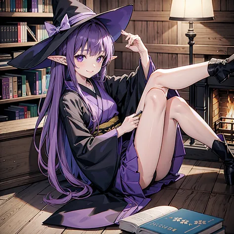 A girl reading a book. Purple hair. A girl with long purple hair. Kind full smile. Pointy elf ears. Her clothes are simple: a black robe with wide sleeves and a black miniskirt. Her knees stick out. There is a V-shaped white insert in the front, like a kim...